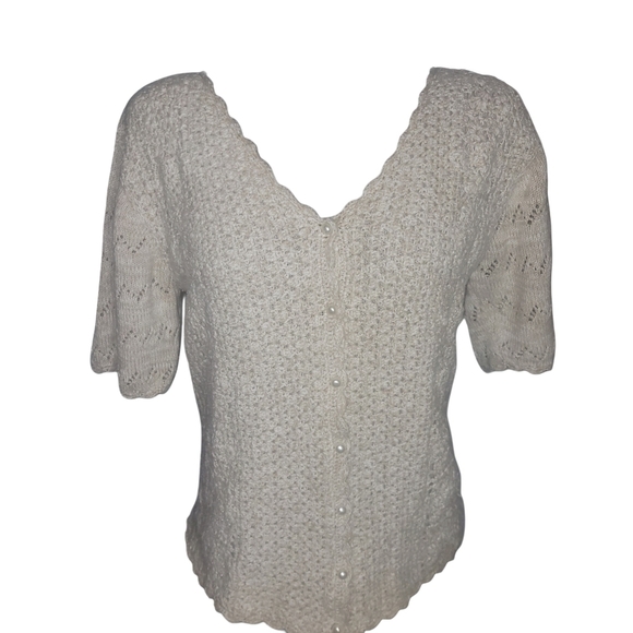 Beige Colored Crochet Button Front Short Sleeve Sweater L - Picture 2 of 7